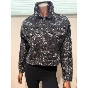 L'Agence Janelle Slim Jacket Black White Floral Splatter Cropped Denim Jacket